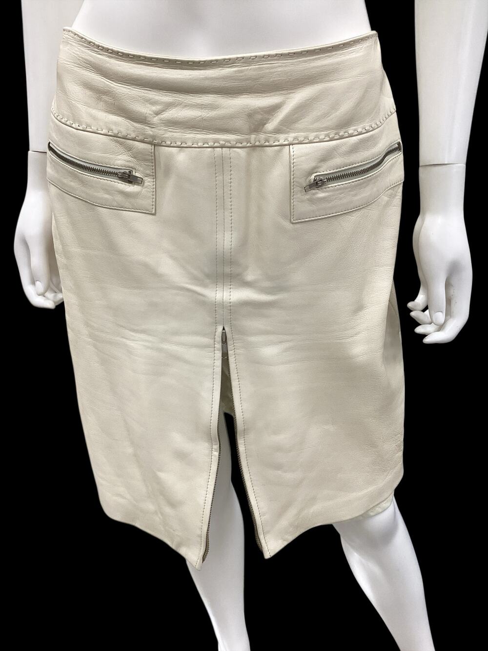 Vintage Caché Skirt Women’s SizeM Genuine Leather Lined Knee Length Faux Pockets